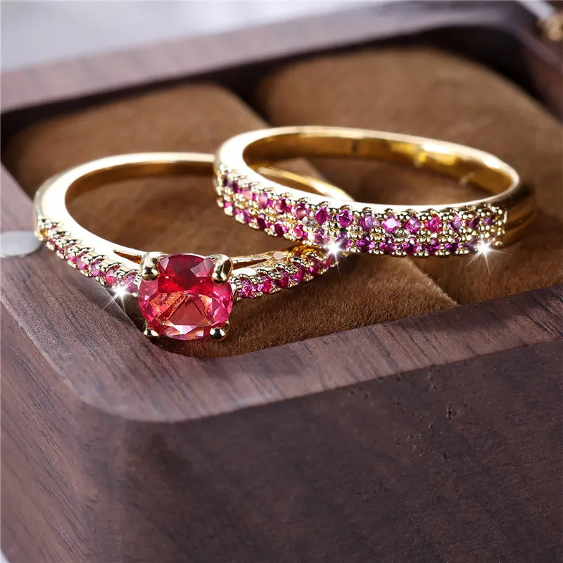 Ensemble de bagues de fiançailles rondes en pierre de Zircon vert cristal pour femmes, bijoux de mariage de luxe couleur or jaune pour femmes