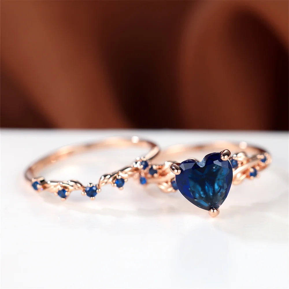 Ensemble de bagues en forme de cœur pour femmes, bleu Royal, vert, noir, rouge, couleur or Rose, Zircon blanc, bandes de mariage, bijoux pour la fête des mères