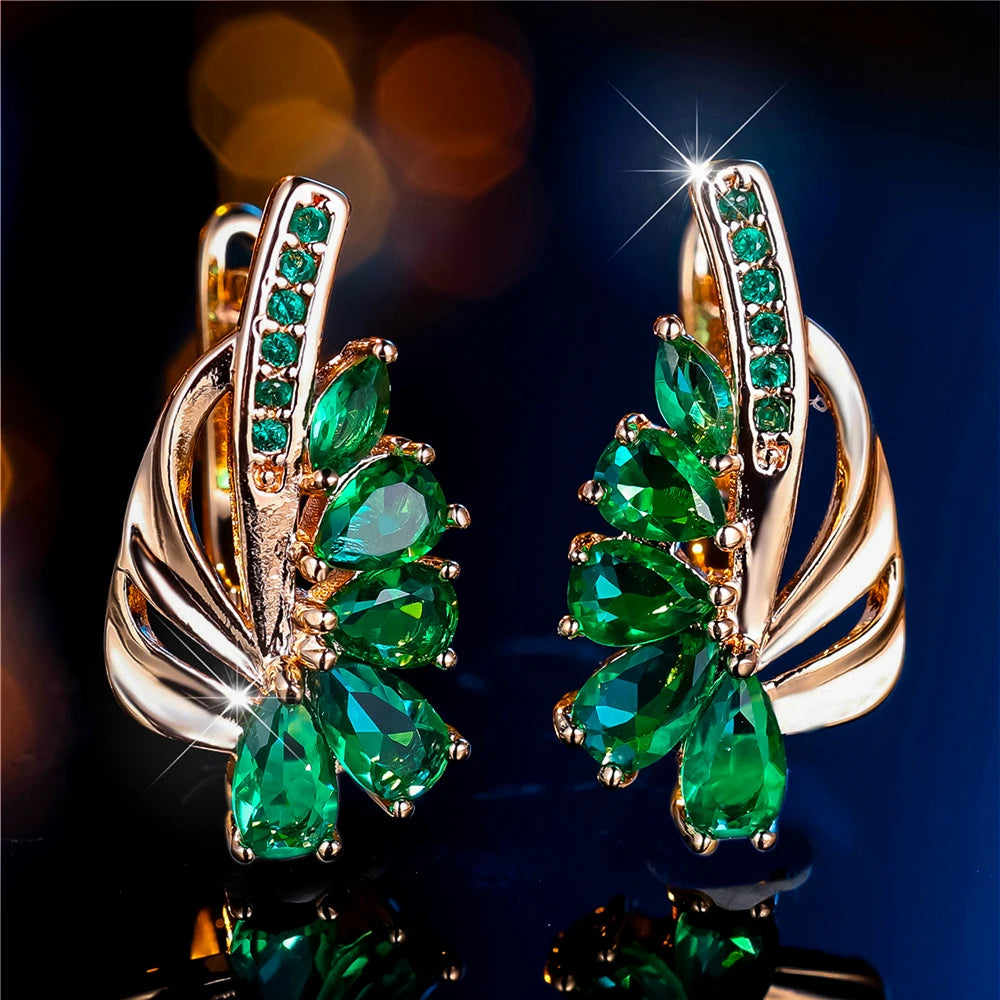 Boucles d'oreilles clip en pierre pour femme, bijoux de mariage, breloque, document doré, couleur verte, luxe