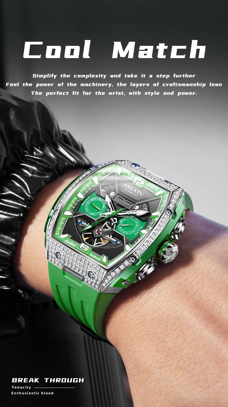 GELATU Men's Watch Hollow Out Skeleton Automatic Watch for Men Silicone Strap Dual Calendar Luxury Original Mechanical Man Watch