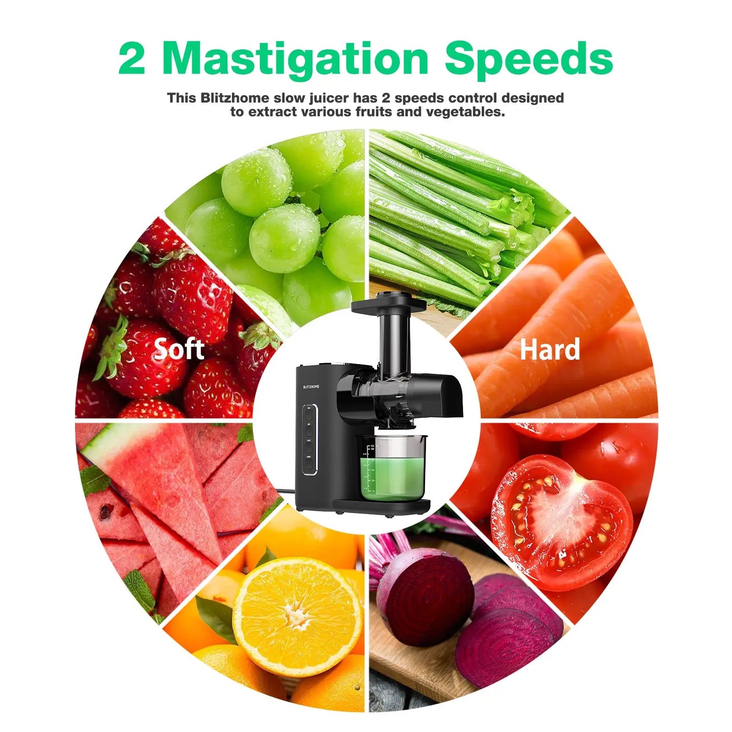Blitzhome BH-JC01 Presse-agrumes à pression froide Modes à 2 vitesses Presse-agrumes à mastication lente pour légumes et fruits avec moteur silencieux