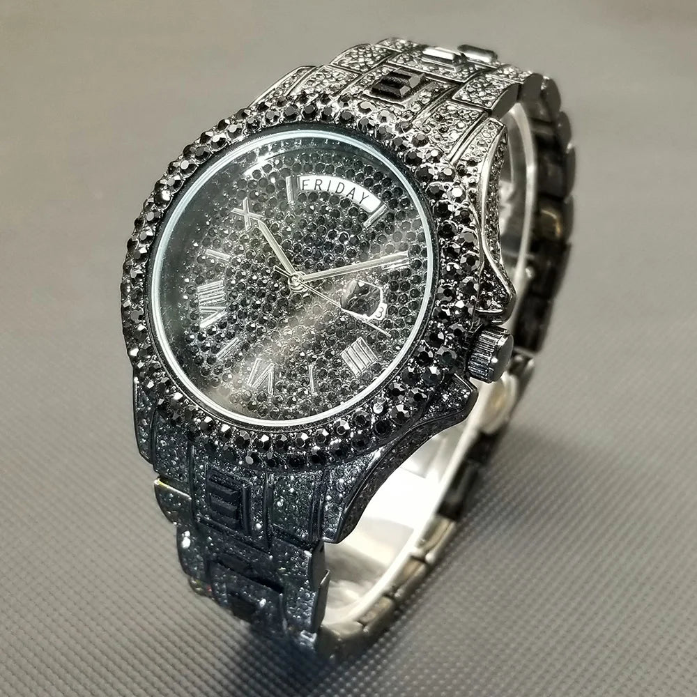 TikTok montre-bracelet en diamant pour hommes de luxe plaqué or 18 carats montres à quartz jour Date discothèque montre de fête unisexe rappeur bijoux