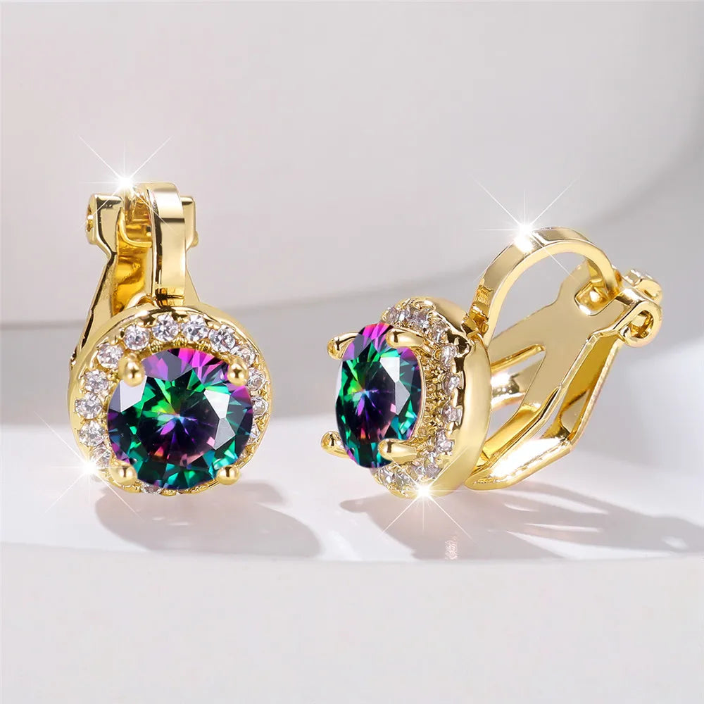 Boucles d'oreilles rondes en pierre de Zircon arc-en-ciel pour femmes, petites boucles d'oreilles à Clip, breloque couleur or jaune, bijoux de mariage pour femmes