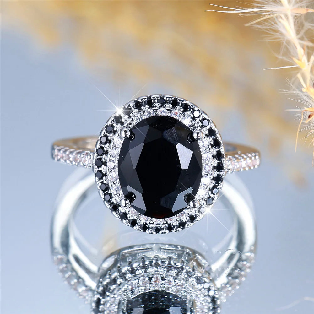 Bagues ovales de luxe en pierre de Zircon noir pour femmes, Vintage, couleur argent, bracelet de mariage, bijoux de mariée, cadeau de fiançailles