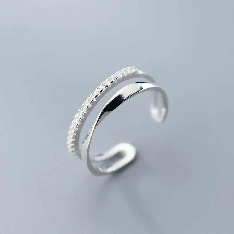 Bague en argent Sterling 925 en zircon Double géométrie pour femmes, bijoux, anneau ouvert réglable pour fête, cadeau d'anniversaire