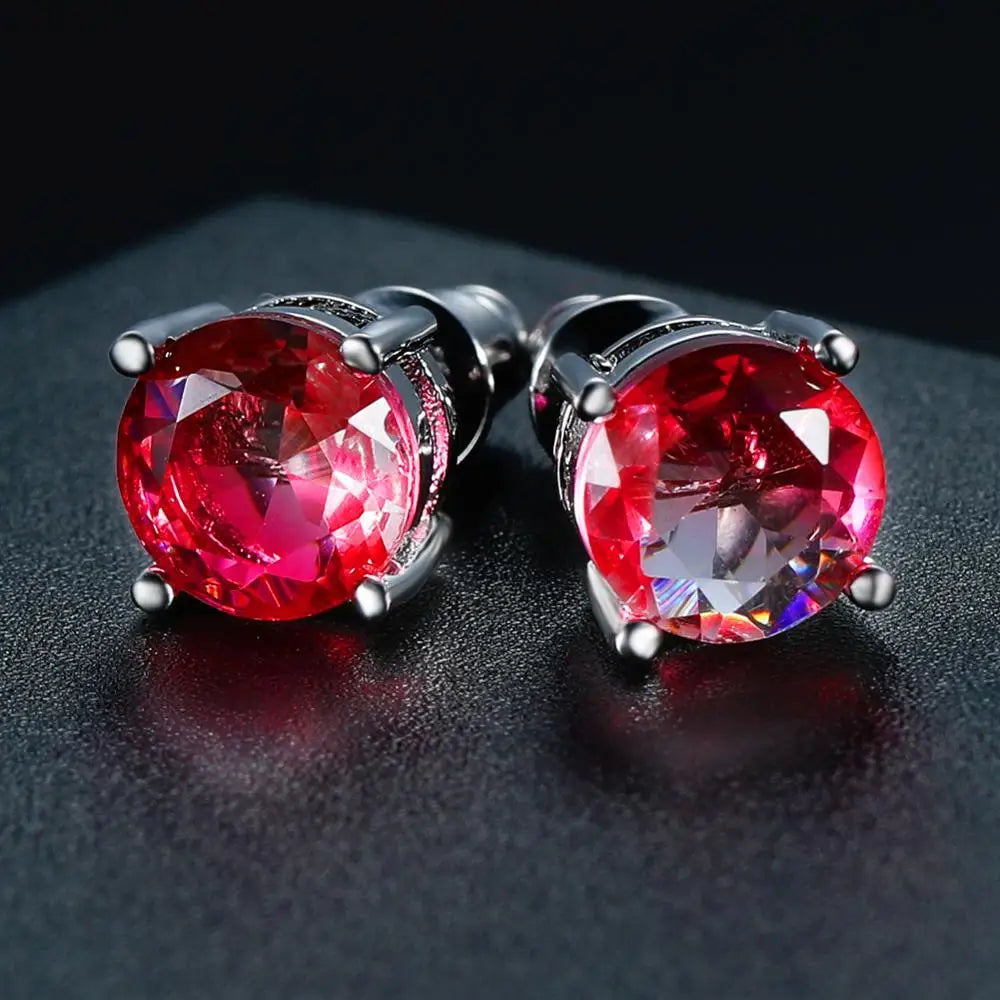 Boucles d'oreilles rondes en cristal rouge vert pour femmes et hommes, bijoux de mariage, arc-en-ciel mystique, feu, bleu, vert, Zircon, Double boucles d'oreilles