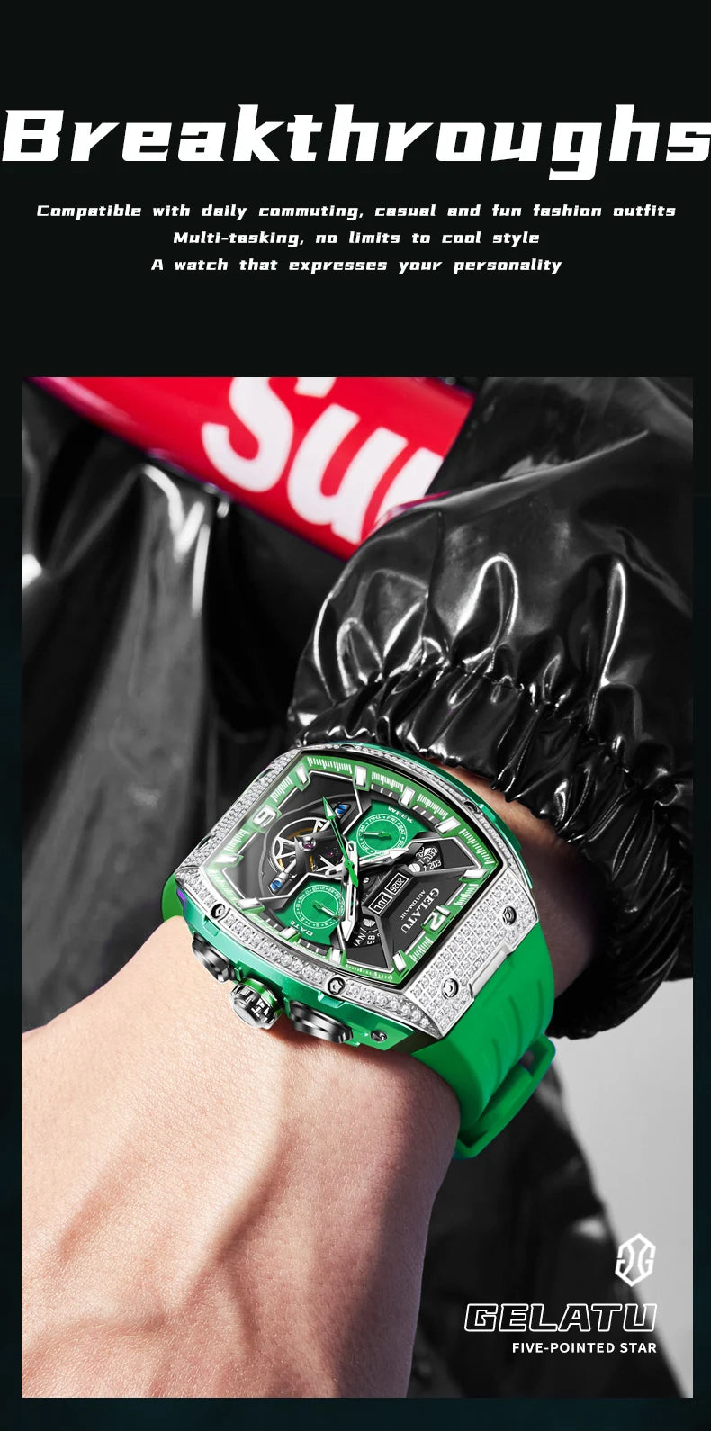 GELATU Men's Watch Hollow Out Skeleton Automatic Watch for Men Silicone Strap Dual Calendar Luxury Original Mechanical Man Watch