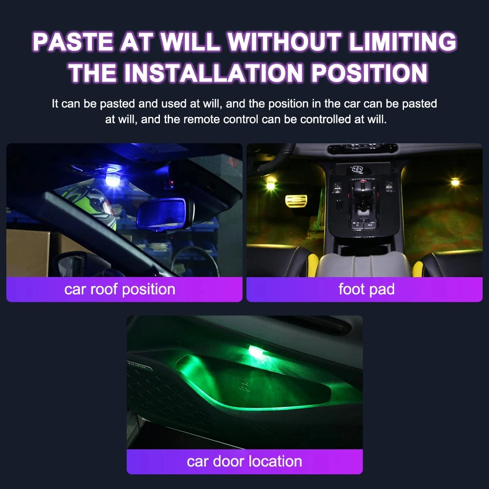 Lumière ambiante LED sans fil pour intérieur de voiture, décoration télécommandée, toit automatique, lampe avec batterie colorée, escales au pied