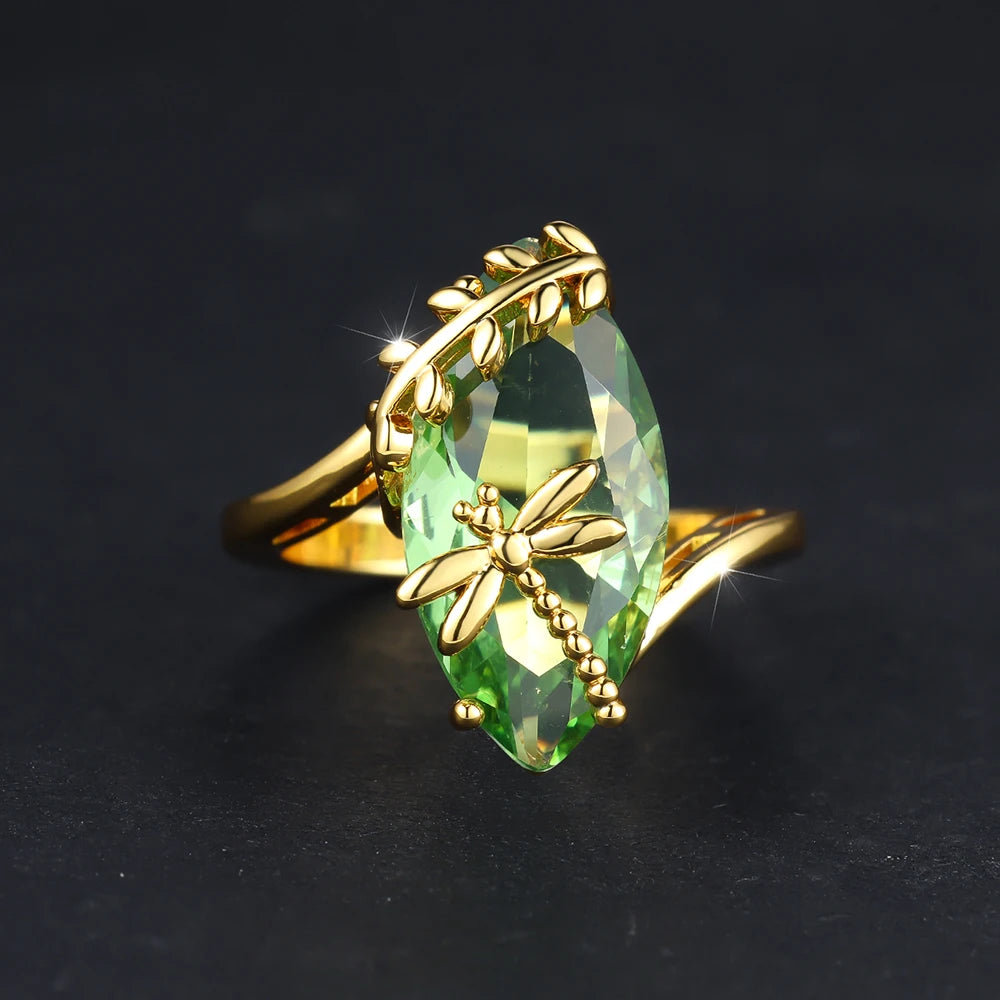 Bagues libellule en pierre vert Olive pour femmes, coupe Marquise, grand œil de cheval, couleur or, Zircon, bandes de mariage, bague de Cocktail, bijoux CZ