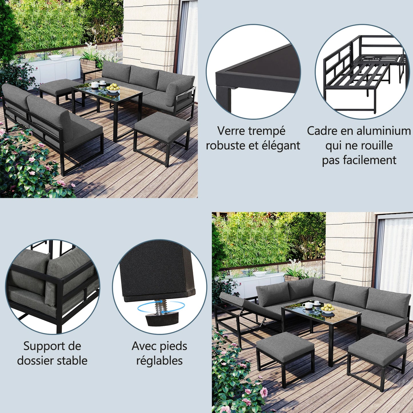 Ensemble canapé et chaise longue d'extérieur, ensemble de sièges en aluminium pour balcon de jardin avec fonction chaise longue