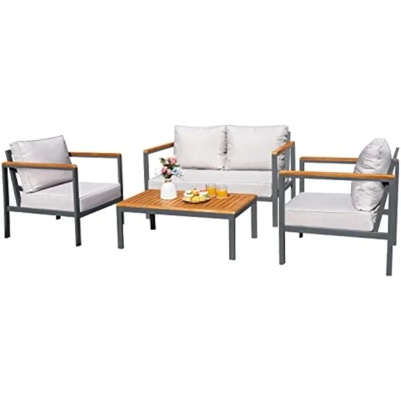Ensemble de Conversation de salon de Patio, meubles 4 pièces, accoudoir et plateau de Table en bois massif, coussin imperméable épais Anti-chute, Beige