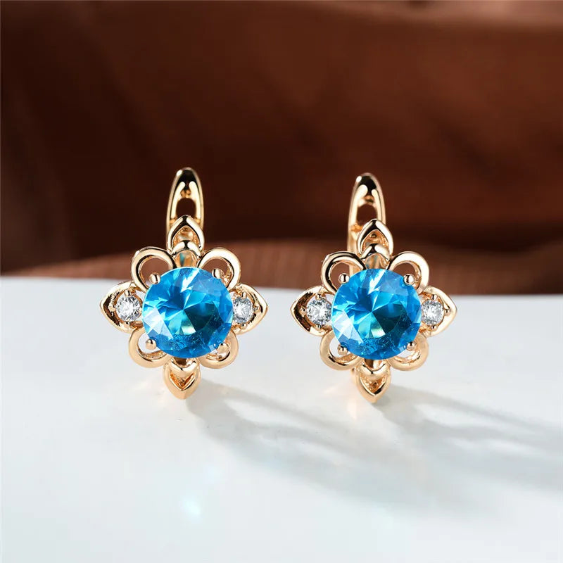 Boucles d'oreilles clip Boho Blue Stone Flower pour femme, document doré, petit cadeau de bijoux de mariage rond