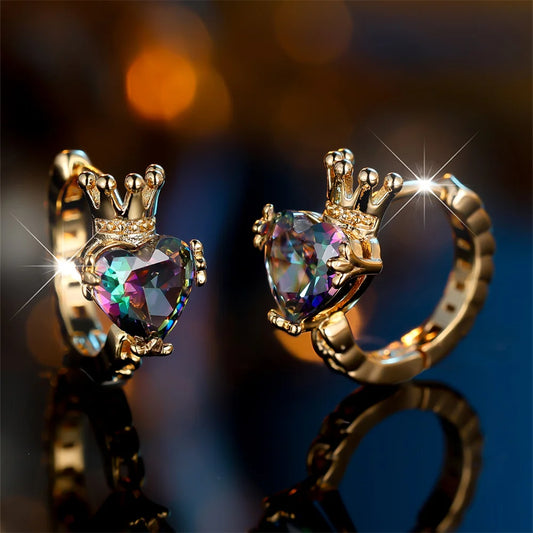 Boucles d'oreilles couronne en Zircon multicolore pour femmes, pierre de cœur d'amour, Vintage, couleur or, petite boucle d'oreille, bijoux de mariage, cadeaux de fête