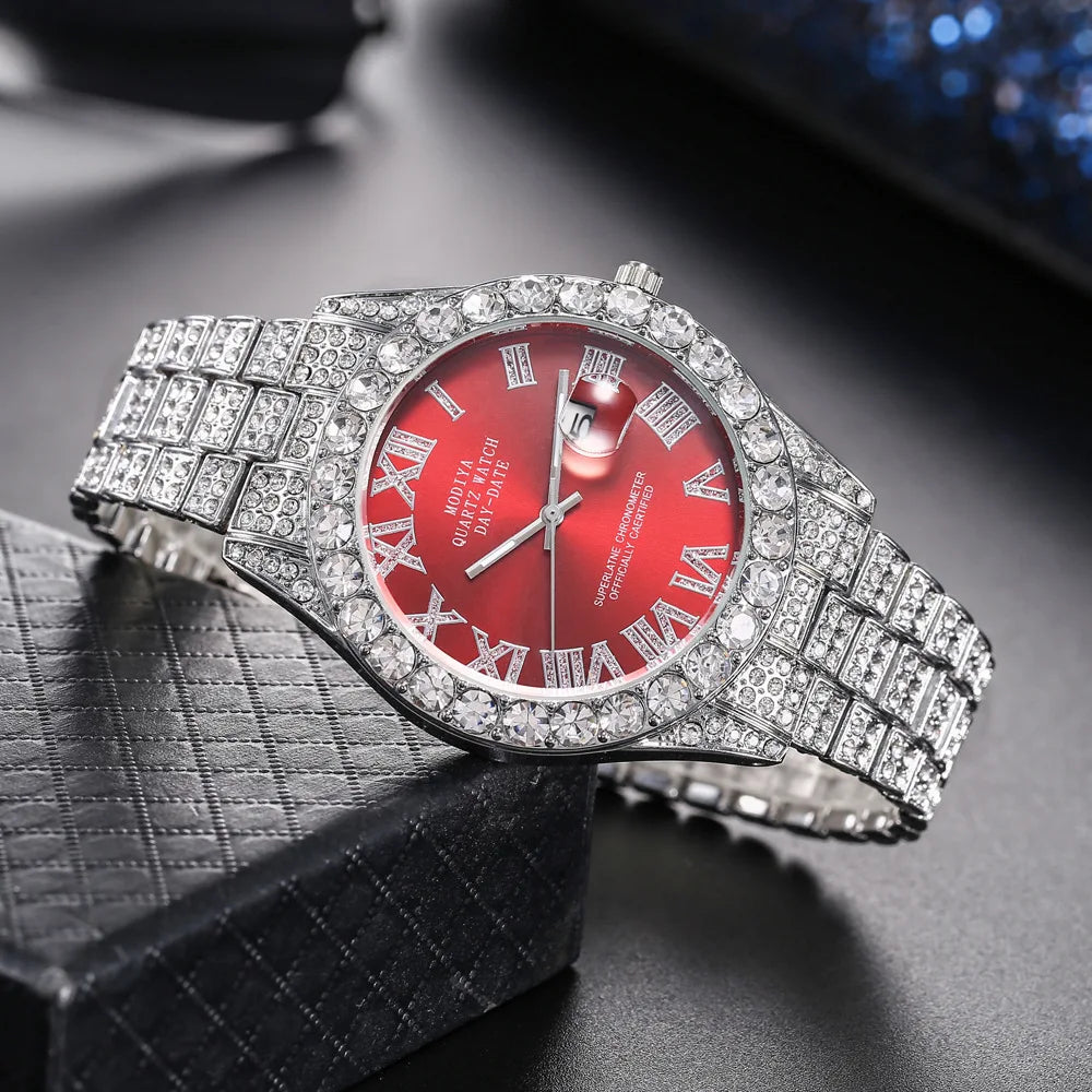 Hip Hop glacé hommes montre pleine AAA strass autour de luxe montres à Quartz horloge ronde unisexe montre-bracelet cadeau pour petit ami