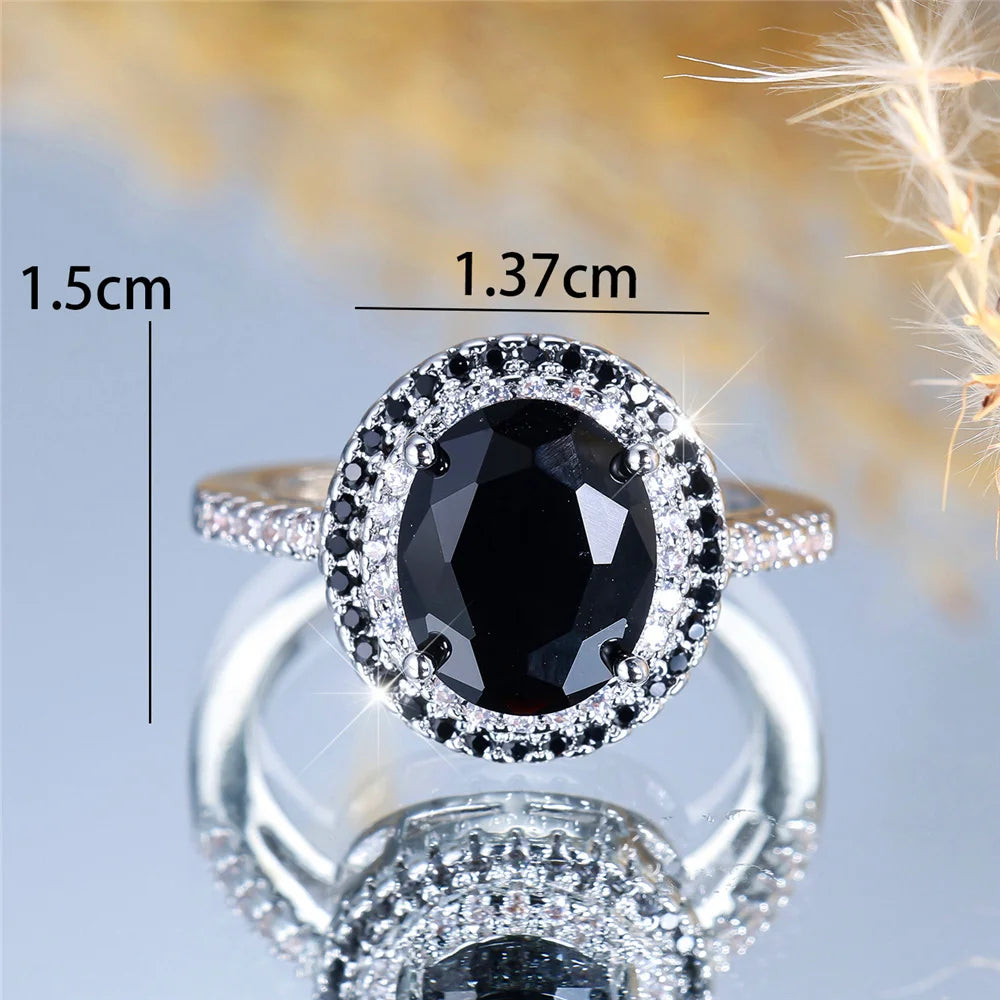 Bagues ovales de luxe en pierre de Zircon noir pour femmes, Vintage, couleur argent, bracelet de mariage, bijoux de mariée, cadeau de fiançailles
