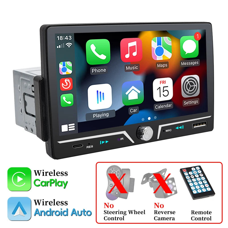 Autoradio Hippcron 1DIN 7" IPS – Android Auto & CarPlay Sans Fil, Bluetooth, Mirror Link, Chargeur Type-C