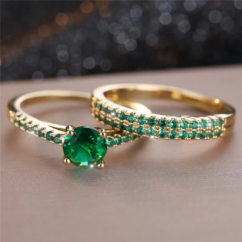 Ensemble de bagues de fiançailles rondes en pierre de Zircon vert cristal pour femmes, bijoux de mariage de luxe couleur or jaune pour femmes
