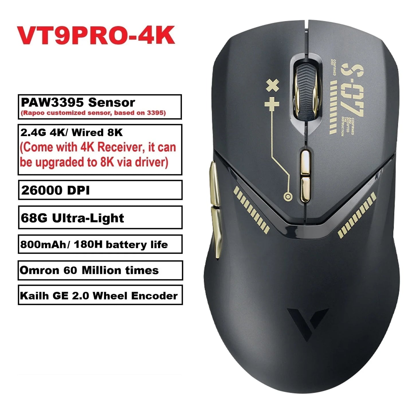 Rapoo VT9PRO – Souris de jeu sans fil légère 68g, 26000 DPI, autonomie 160H