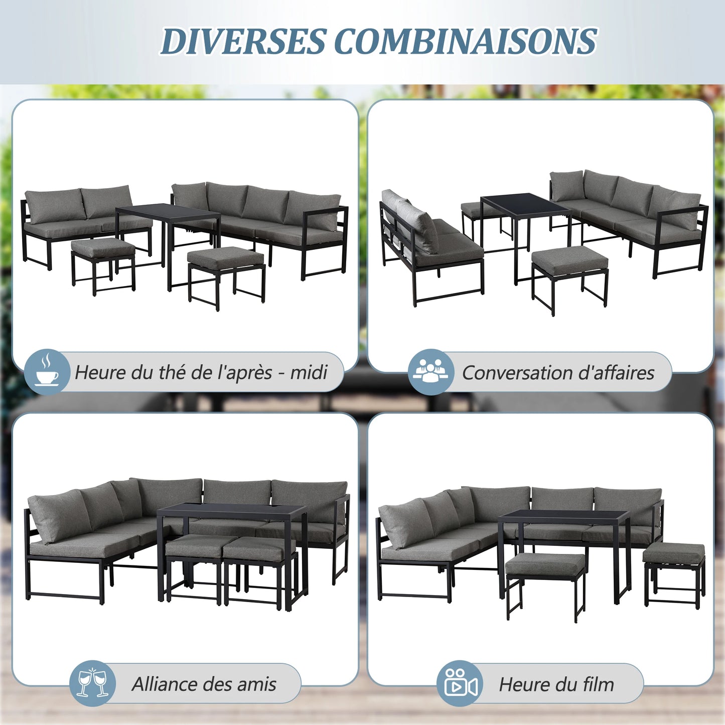 Ensemble canapé et chaise longue d'extérieur, ensemble de sièges en aluminium pour balcon de jardin avec fonction chaise longue