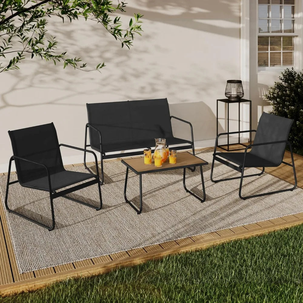 Salon de jardin 4 places avec canapé, fauteuils et table noir et bois