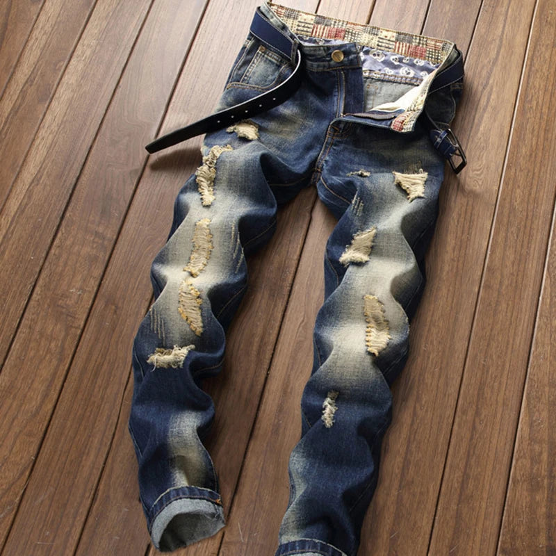 Men Jeans Streetwear Ripped Denim Pants Trend Trousers Hole Ruined Casual Biker Destroyed Regular Straight
