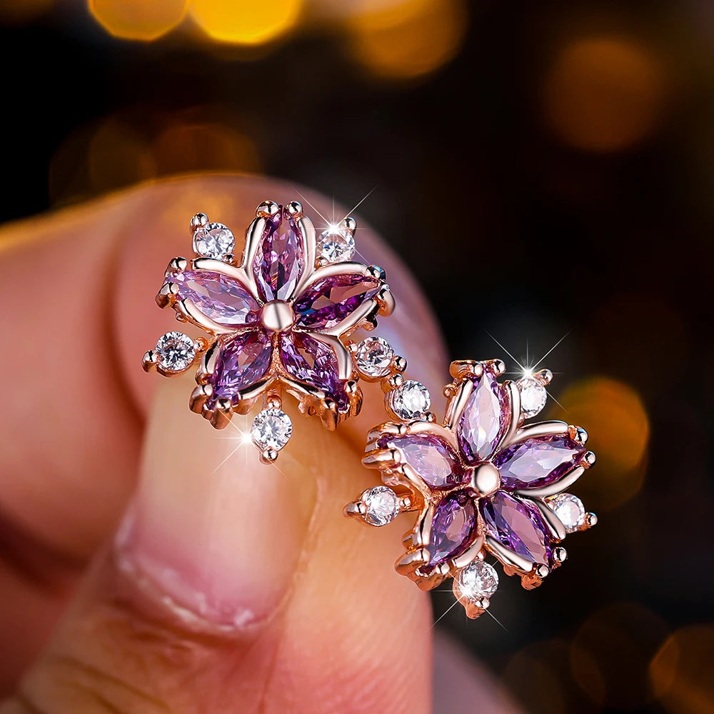 Boucles d'oreilles à tige flocon de neige en pierre pour femme, blanc, violet, mignon, vintage, document en or, bijoux de mariage