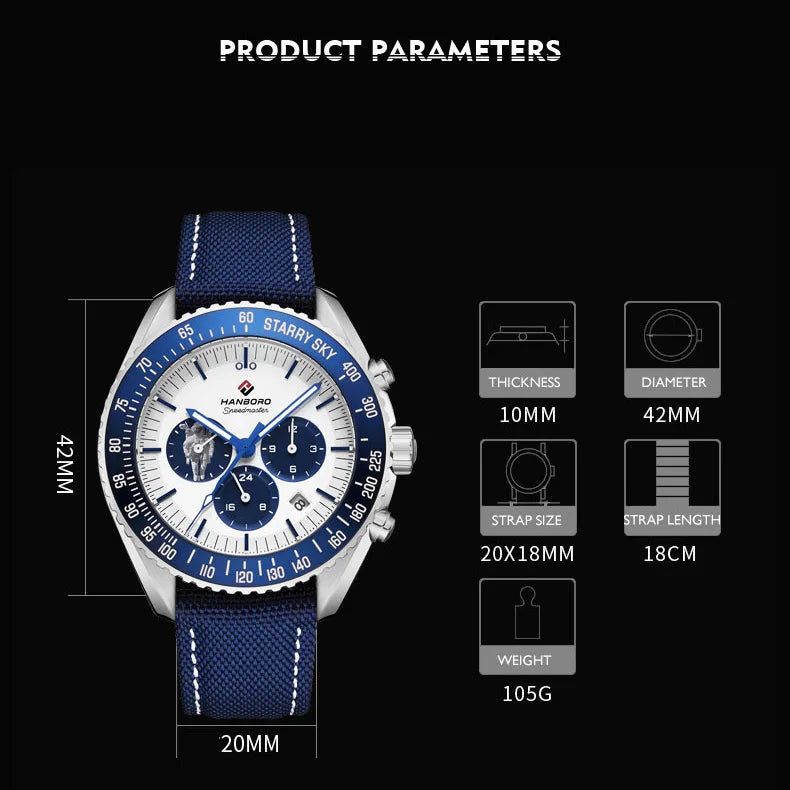 HANBORO Herren-Automatikuhr, Luxusuhren, Militär, mechanische Armbanduhr, 50 m wasserdicht, Nylonarmband, Monat, Woche, Datum, 24 Stunden