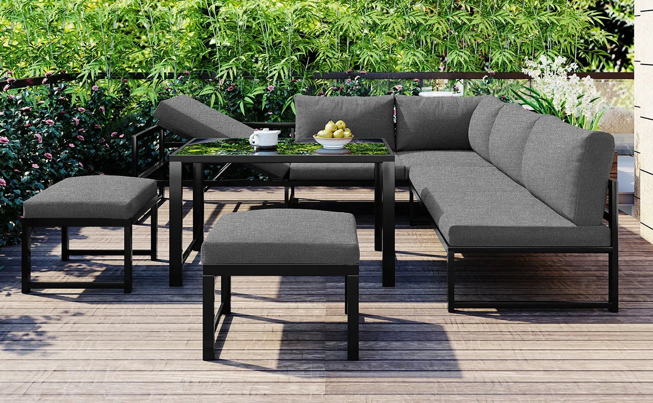 Ensemble canapé et chaise longue d'extérieur, ensemble de sièges en aluminium pour balcon de jardin avec fonction chaise longue
