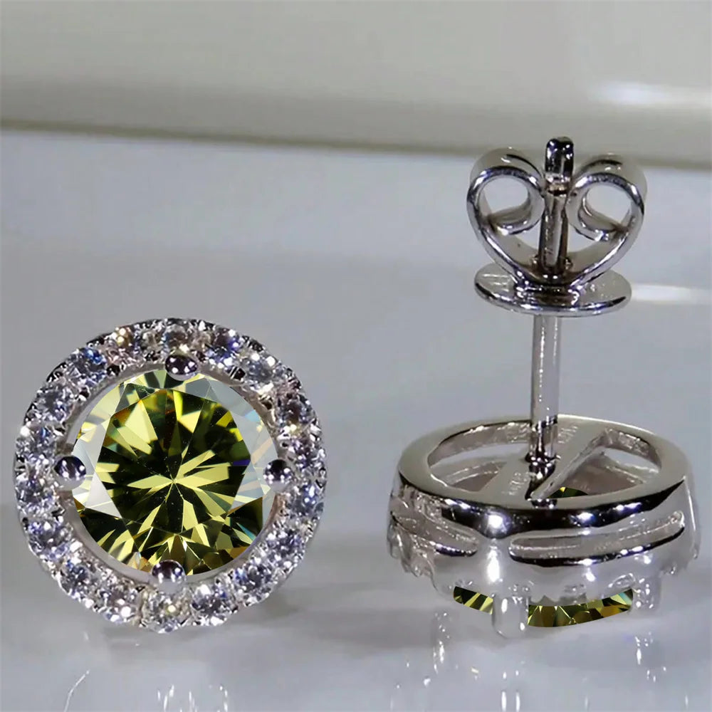 Boucles d'oreilles classiques en pierre ronde à quatre griffes pour femmes, cristal arc-en-ciel, Zircon multicolore, couleur argent, bijoux de fiançailles