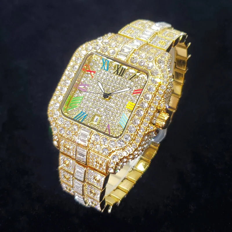 Montre en diamant de luxe pour hommes, montres numérotées colorées carrées glacées, bijoux Hip Hop Bling, Reloj zones bre pour la fête, nouvelle mode, 2025