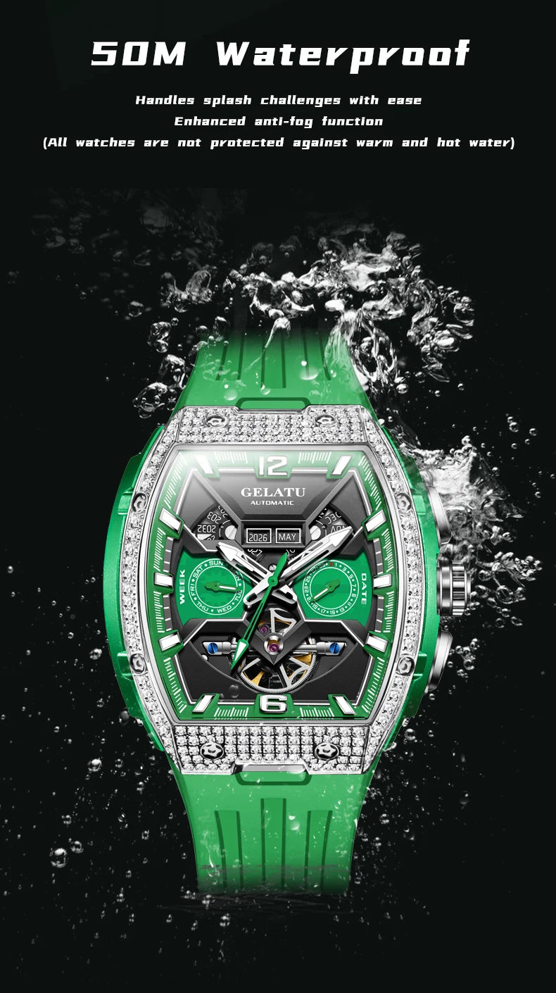 GELATU Men's Watch Hollow Out Skeleton Automatic Watch for Men Silicone Strap Dual Calendar Luxury Original Mechanical Man Watch