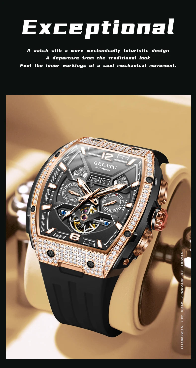 GELATU Men's Watch Hollow Out Skeleton Automatic Watch for Men Silicone Strap Dual Calendar Luxury Original Mechanical Man Watch