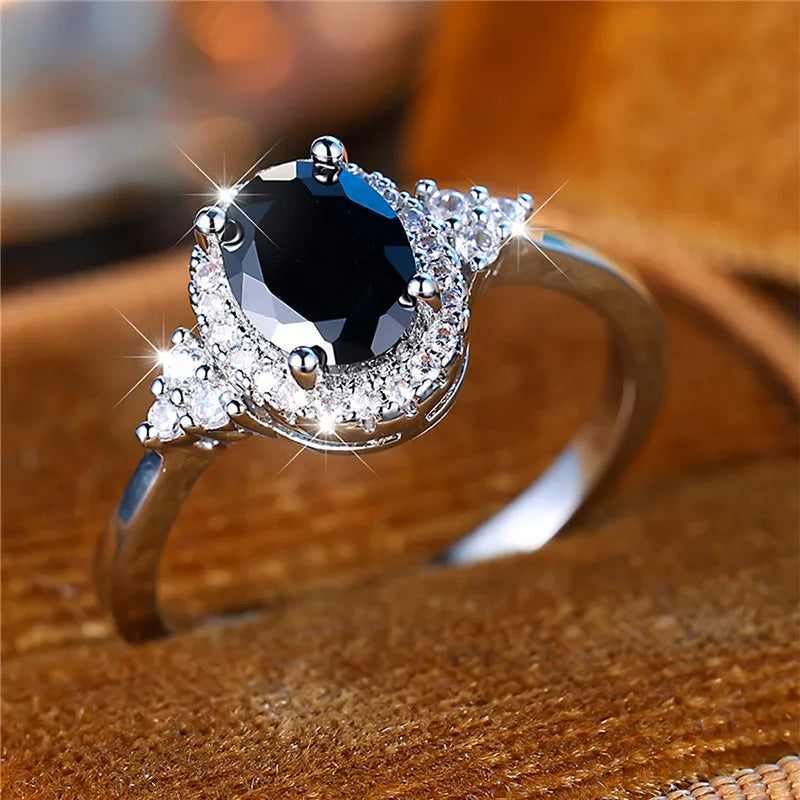 Bague de fiançailles en pierre de Zircon ovale noir pour femme, mignon, tendance, couleur argent, bijoux de mariée, cadeau pour femmes