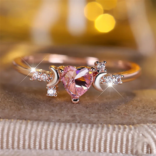 Bague petite lune pour femmes, mignonne, élégante, en cristal Rose, en forme de cœur, en pierre, Vintage, couleur or Rose, bracelet de mariage, bijoux de mariée