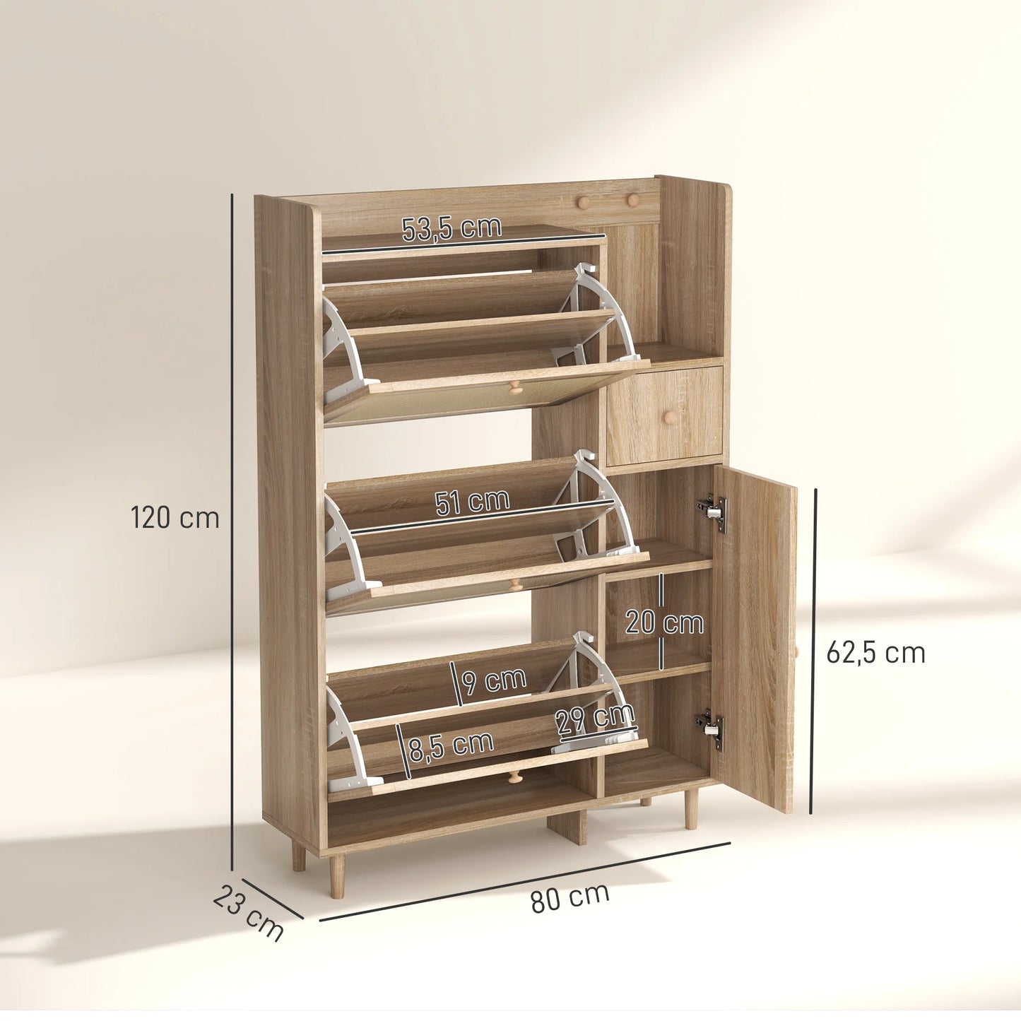 Meuble à chaussures pliant MCOM, meuble de salle de bain à 3 tiroirs avec fronts en rotin chêne