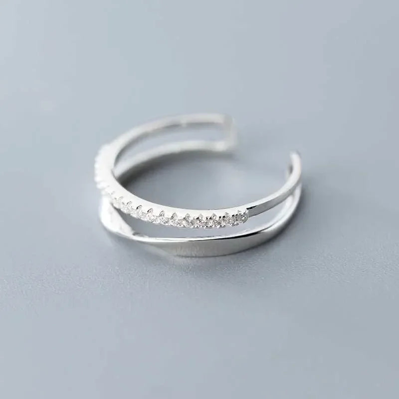 Bague en argent Sterling 925 en zircon Double géométrie pour femmes, bijoux, anneau ouvert réglable pour fête, cadeau d'anniversaire
