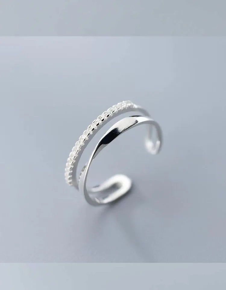 Bague en argent Sterling 925 en zircon Double géométrie pour femmes, bijoux, anneau ouvert réglable pour fête, cadeau d'anniversaire