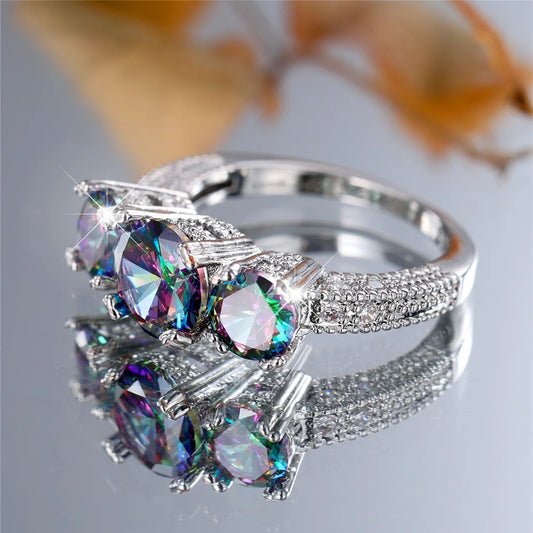 Bague de fiançailles ronde arc-en-ciel pour femme, bijoux sur pierre, vintage, document en argent, bande de mariage, patients