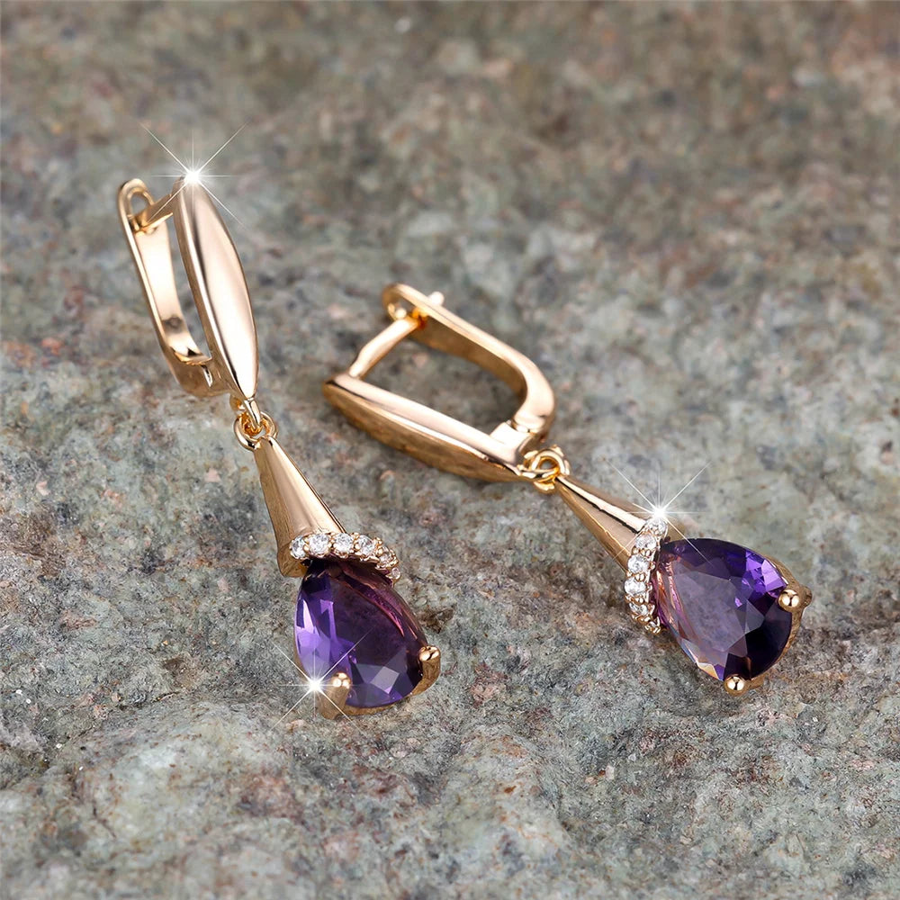 Boucles d'oreilles élégantes en pierre de Zircon violet pour femmes, goutte d'eau, couleur or, mignonnes, style Boho, bijoux de mariage pour femmes