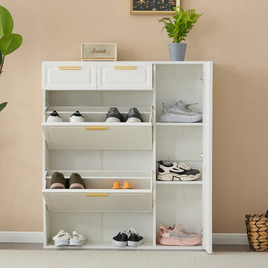 Meuble à chaussures moderne avec étagères réglables, tiroirs, rabats et portes, poignées dorées, Blanc, 95x24x107,5 cm