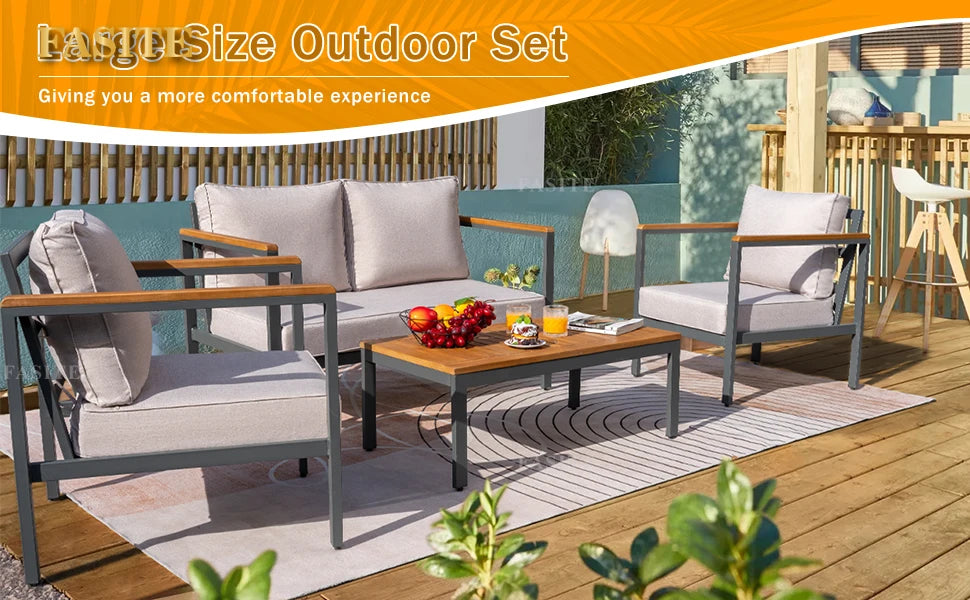 Ensemble de Conversation de salon de Patio, meubles 4 pièces, accoudoir et plateau de Table en bois massif, coussin imperméable épais Anti-chute, Beige