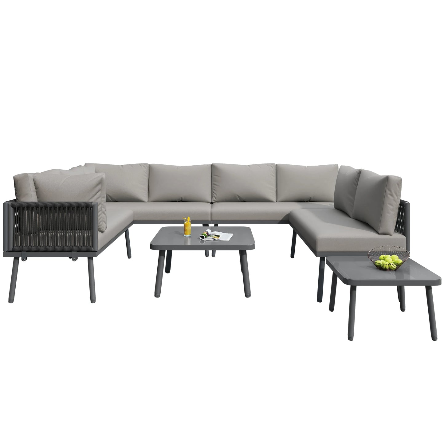 Canapé d'angle extérieur résistant aux intempéries, mobilier de patio extérieur, dormez 8, avec 2 tables et 4 sièges d'amour, coussins inclus