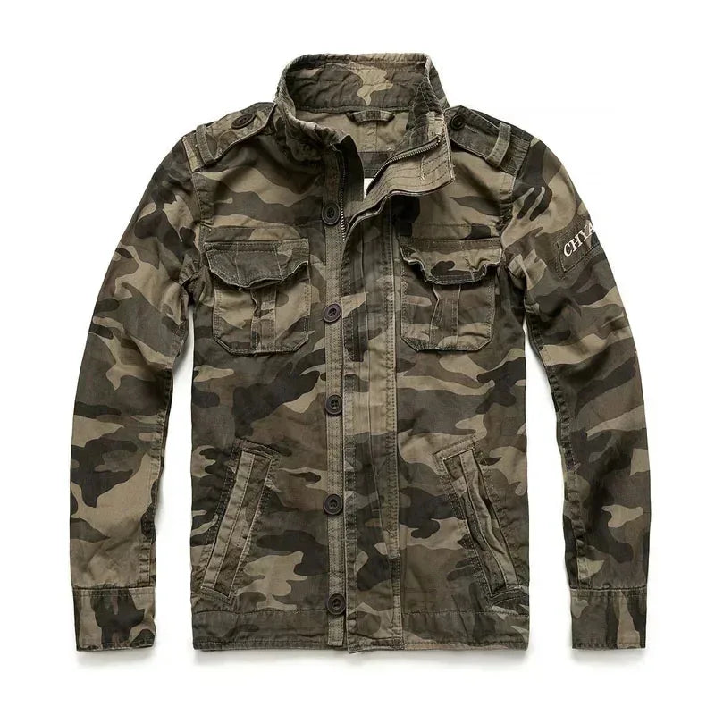 Veste militaire homme en denim – Col roulé, poches pratiques, printemps/automne