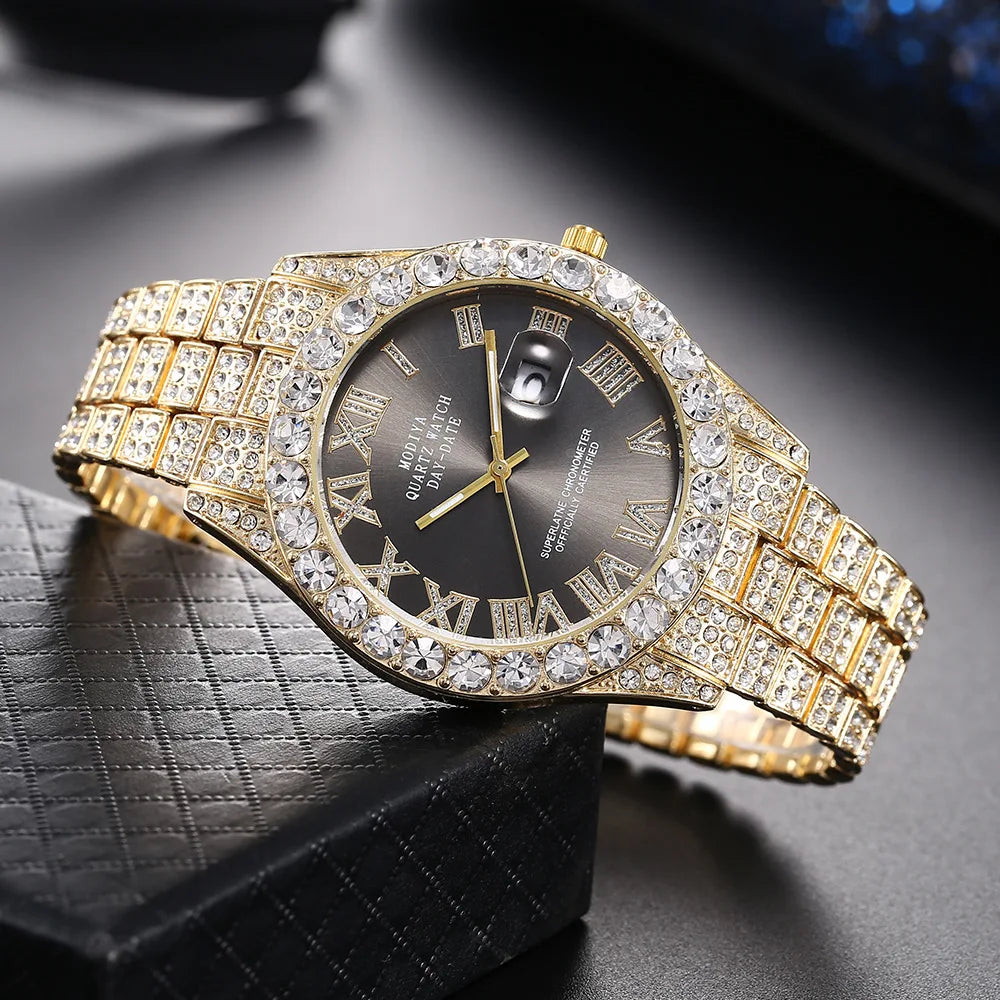 Hip Hop glacé hommes montre pleine AAA strass autour de luxe montres à Quartz horloge ronde unisexe montre-bracelet cadeau pour petit ami