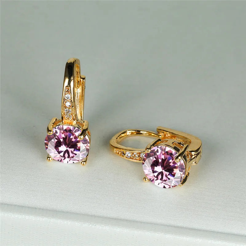 Boucles d'oreilles à clip rondes classiques pour femmes, bijoux de mariage en pierre de cristal arc-en-ciel mystique, document doré délicat