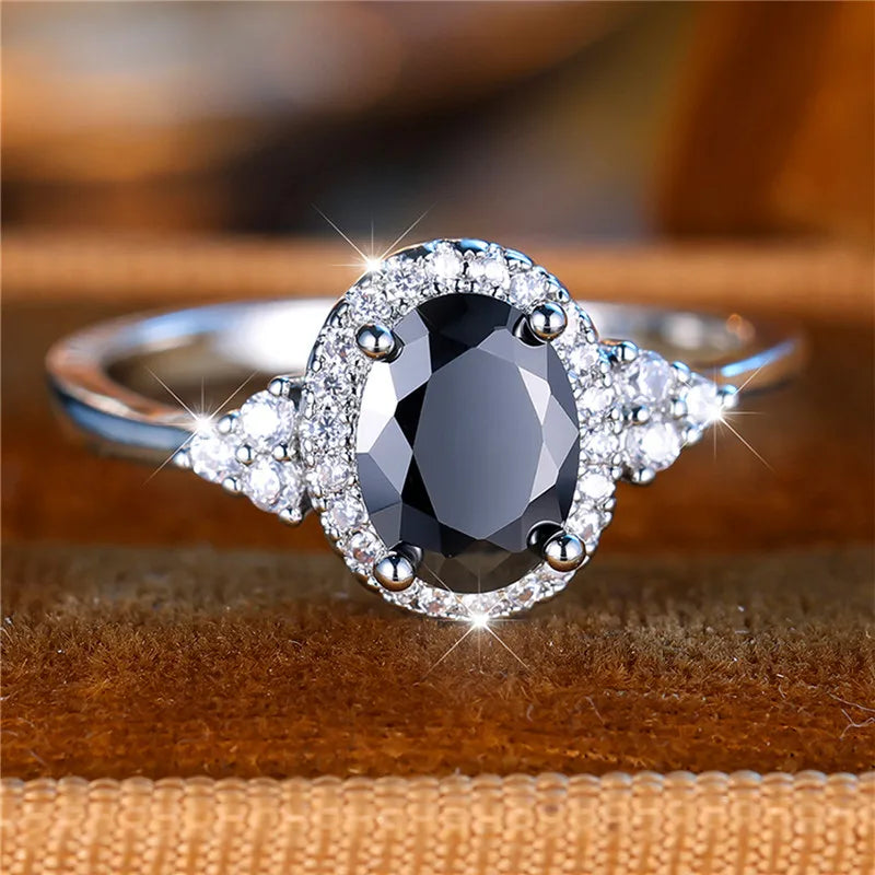 Bague de fiançailles en pierre de Zircon ovale noir pour femme, mignon, tendance, couleur argent, bijoux de mariée, cadeau pour femmes