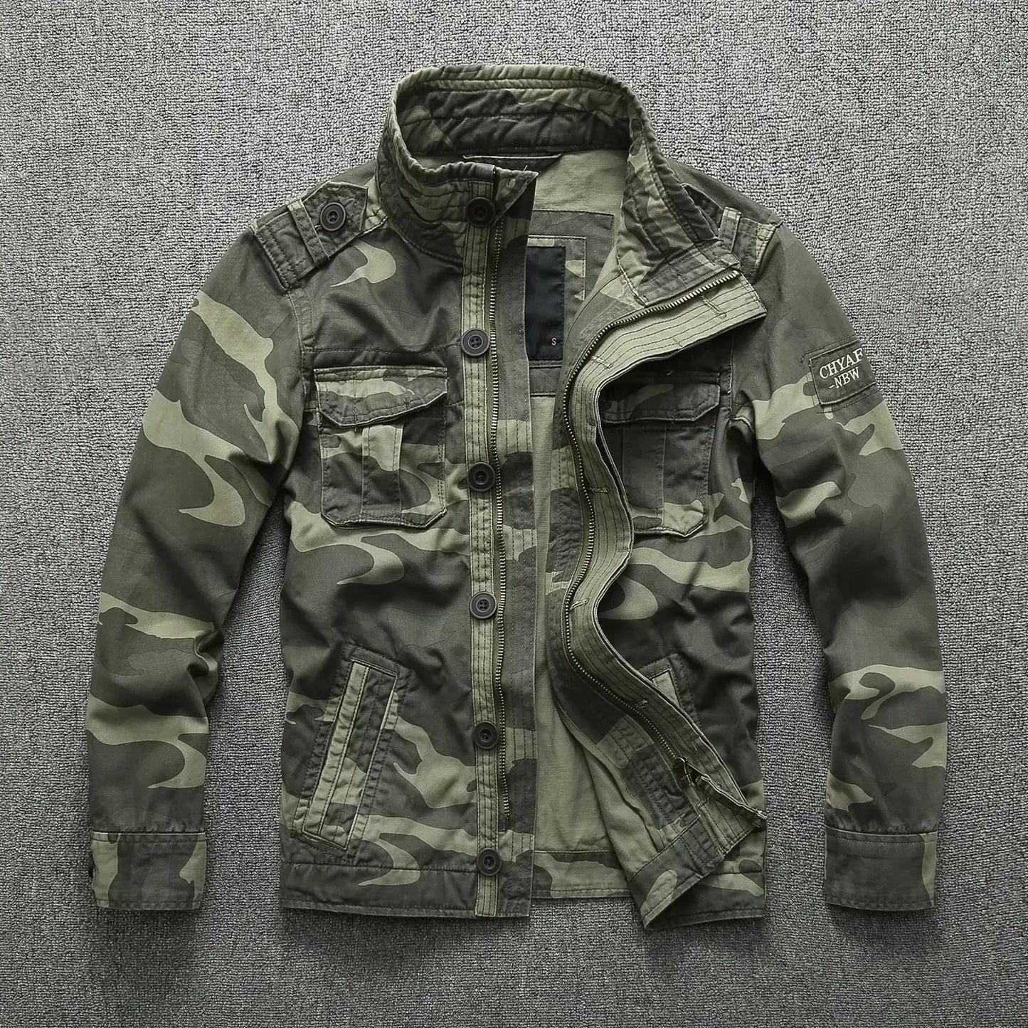 Veste militaire homme en denim – Col roulé, poches pratiques, printemps/automne