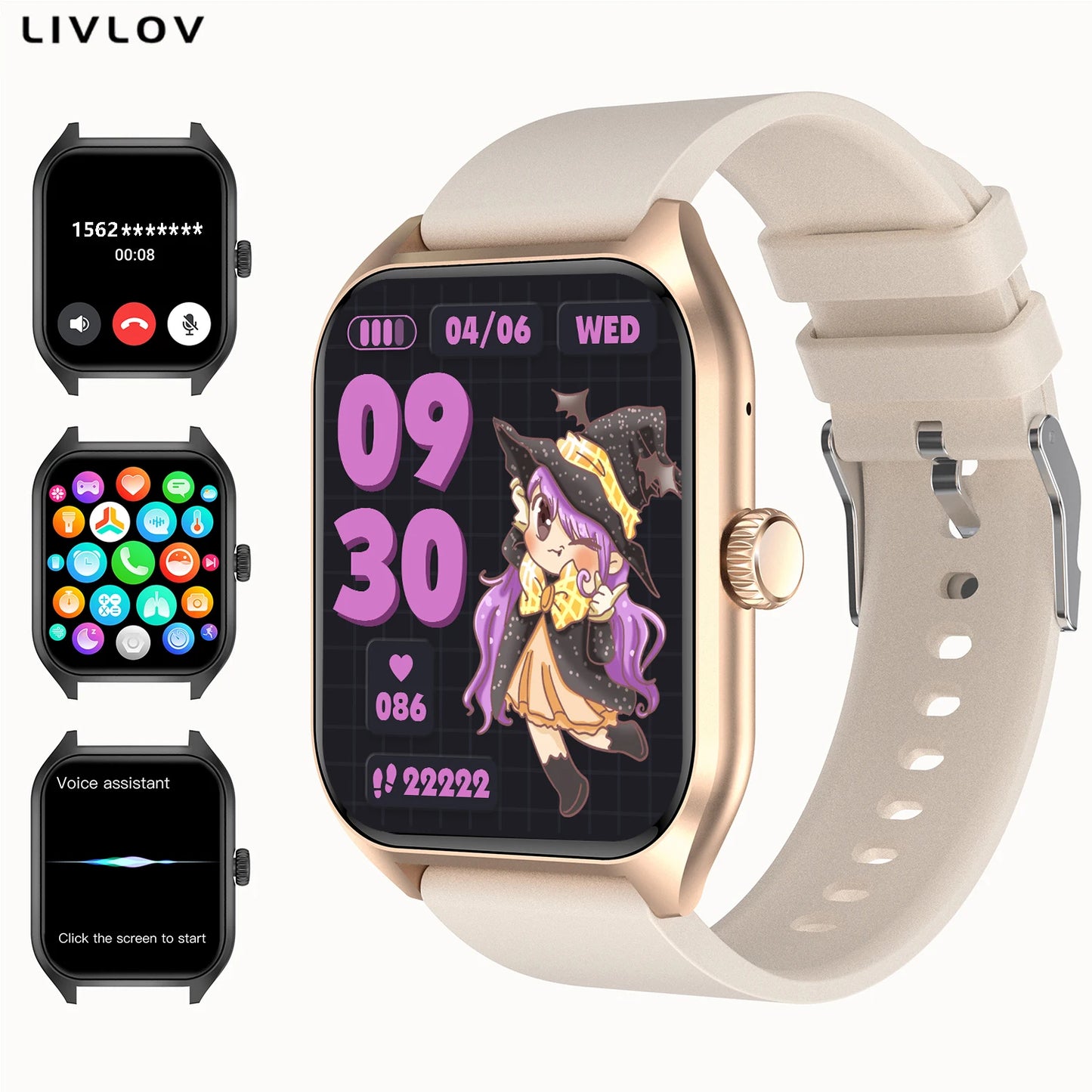 Montre connectée avec assistant vocal AI pour hommes et femmes, écran HD 1.96, suivi des activités avec plus de 100 sports, moniteur de sommeil et de fréquence cardiaque