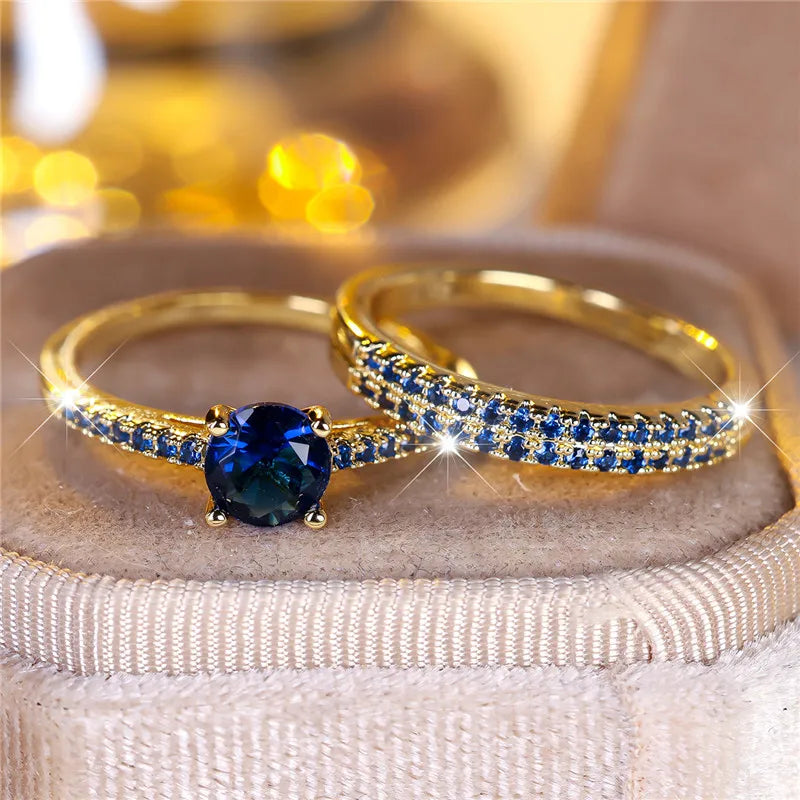 Ensemble de bagues de fiançailles rondes en pierre de Zircon vert cristal pour femmes, bijoux de mariage de luxe couleur or jaune pour femmes
