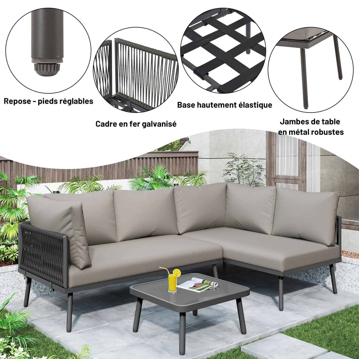 Canapé d'angle extérieur résistant aux intempéries, mobilier de patio extérieur, dormez 8, avec 2 tables et 4 sièges d'amour, coussins inclus
